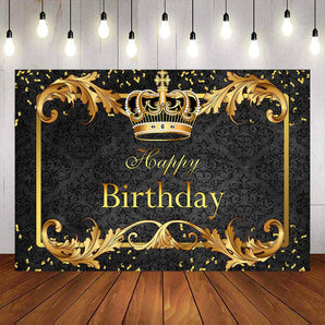 Mocsicka Black and Gold Crown Happy Birthday Backdrop-Mocsicka Party