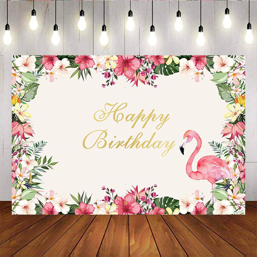 Mocsicka Flamingo Happy Birthday Background Summer Hawaiian Floral Photo Backdrop-Mocsicka Party
