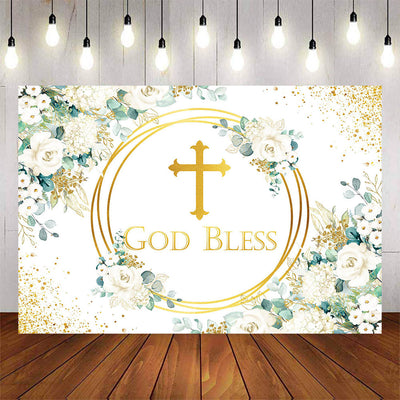 Mocsicka White Flowers and Gold Cross God Bless Baby Shower Backdrop-Mocsicka Party