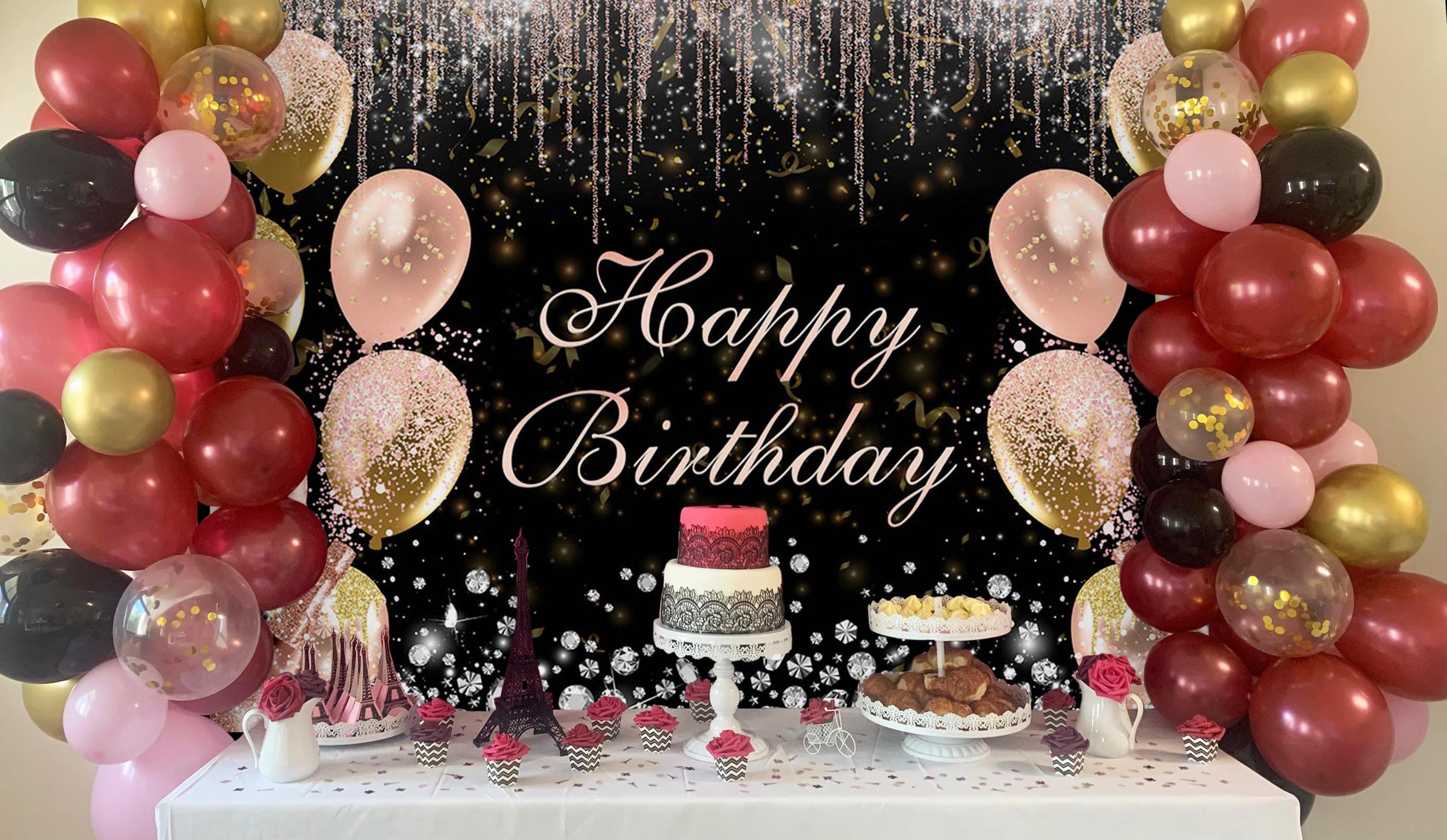 Mocsicka Pink Gold Balloons and Diamonds Happy Birthday Backdrop-Mocsicka Party
