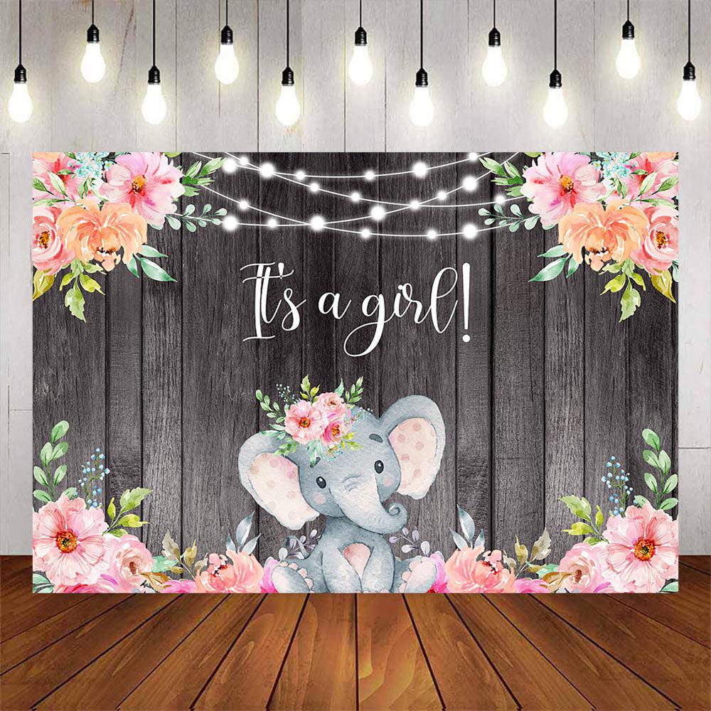 Mocsicka It's a Girl Little Elephant and Flowers Baby Shower Backdrop-Mocsicka Party