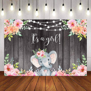 Mocsicka It's a Girl Little Elephant and Flowers Baby Shower Backdrop-Mocsicka Party