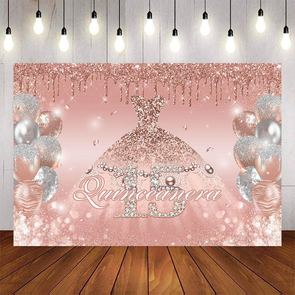 Mocsicka Quinceañera Rose Gold Dress and Diamond Fifteen Backdrop-Mocsicka Party