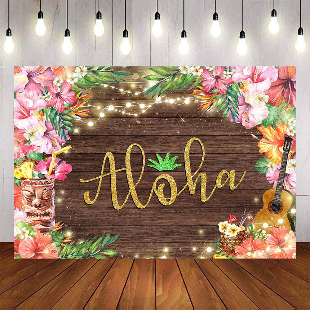 Mocsicka Wooden Floor Hawaii Flowers Aloha Backdrop-Mocsicka Party