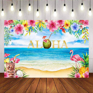 Mocsicka Summer Beach Aloha Party Backdrop Blue Sea Flamingo Background