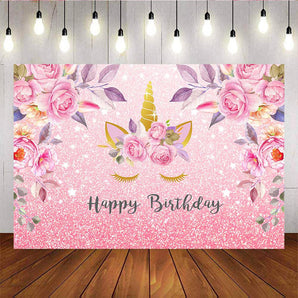 Mocsicka Golden Unicorn Happy Birthday Party Props Pink Flowers Glitter Dots Backdrop-Mocsicka Party