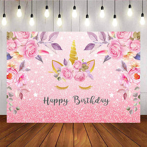 Mocsicka Golden Unicorn Happy Birthday Party Props Pink Flowers Glitter Dots Backdrop-Mocsicka Party