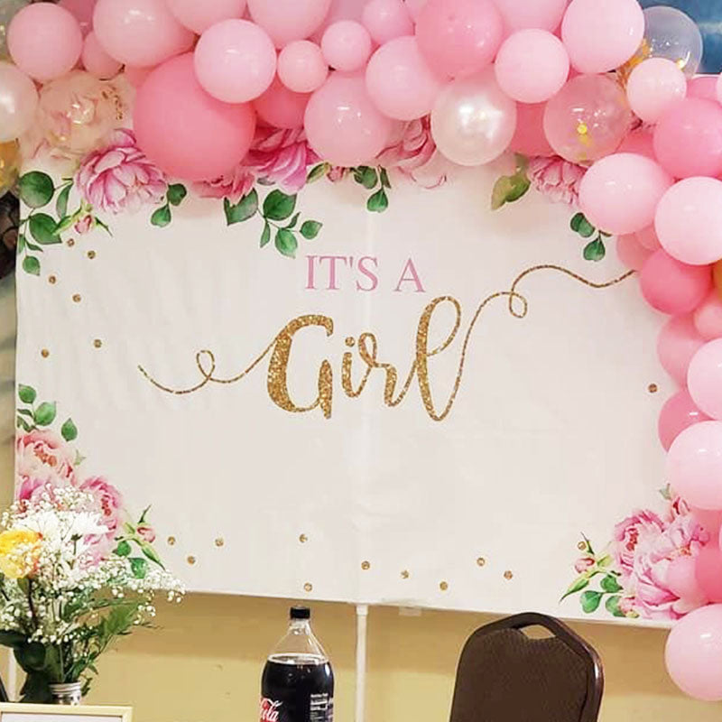 Mocsicka It's a Girl Baby Shower Backdrop Flowers Gold Dots Newborn Backdrops-Mocsicka Party