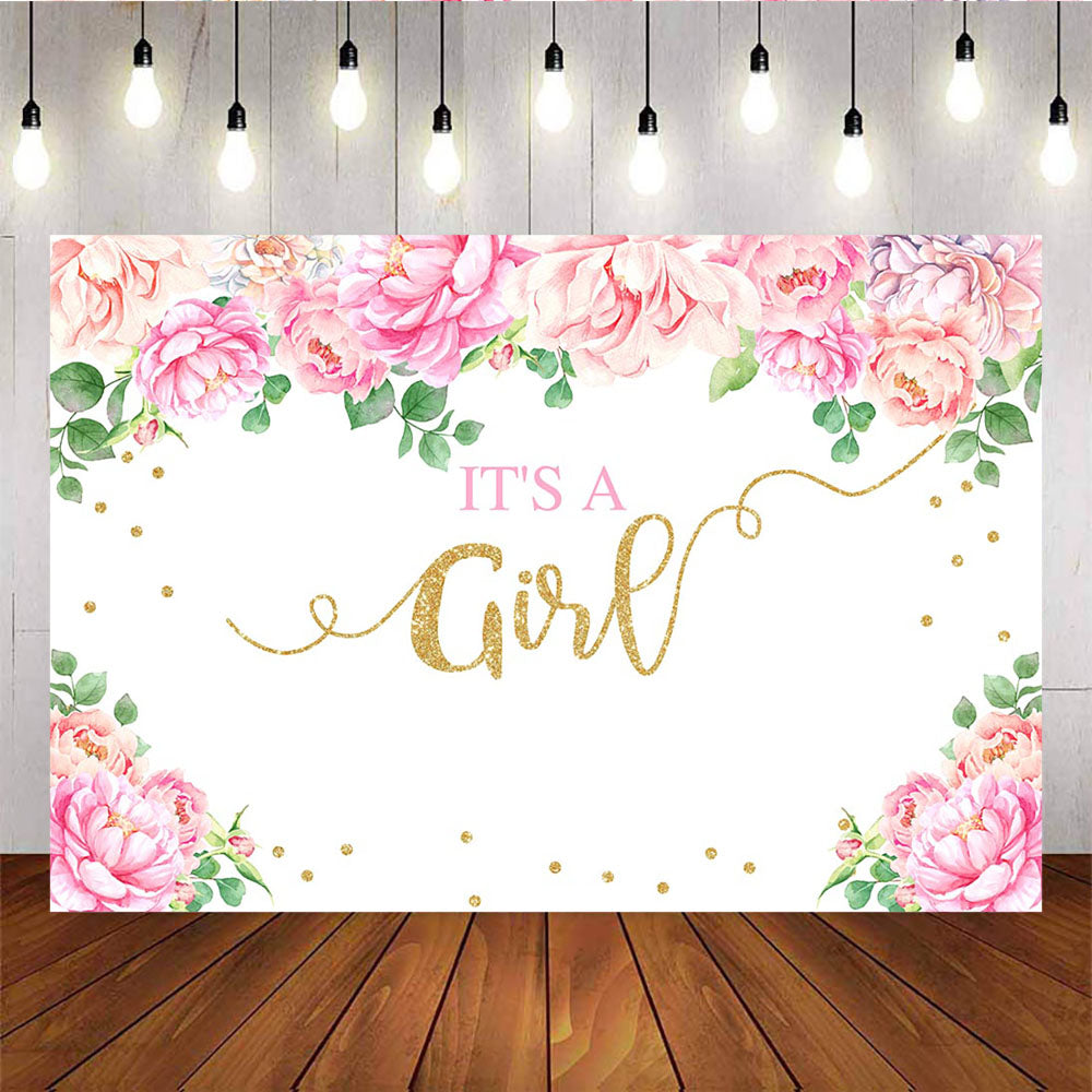 Mocsicka It's a Girl Baby Shower Backdrop Flowers Gold Dots Newborn Backdrops