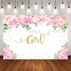 Mocsicka It's a Girl Baby Shower Backdrop Flowers Gold Dots Newborn Backdrops