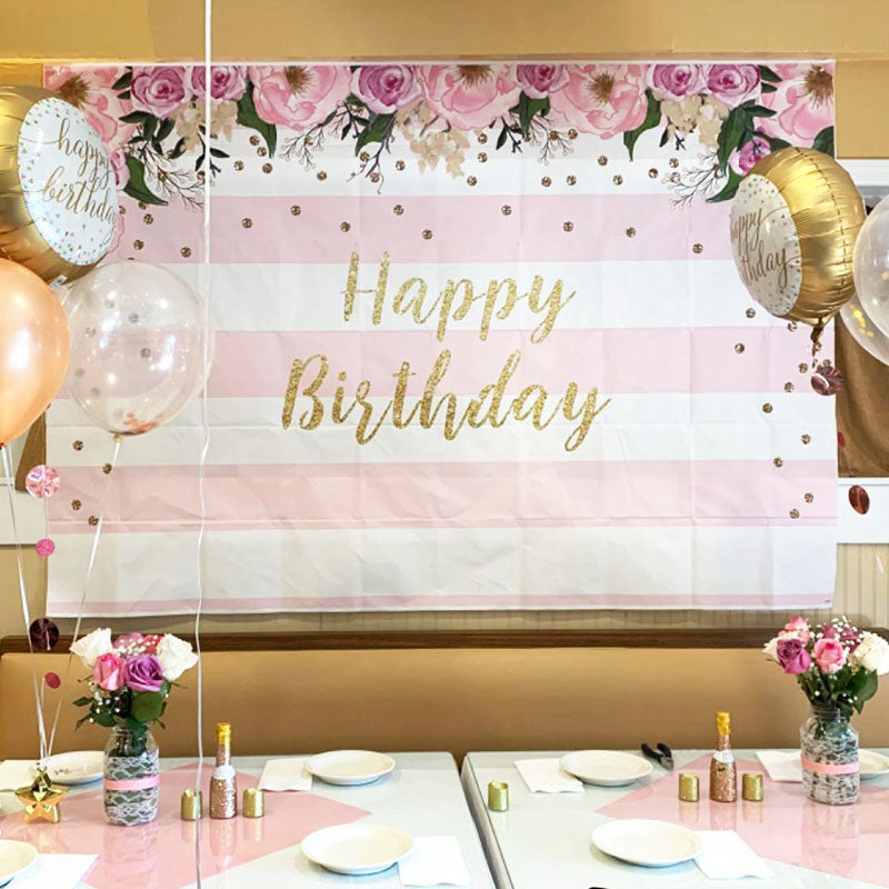 Mocsicka Pink White Stripes Birthday Party Prop Gold Dots Flowers Newborn Backdrop-Mocsicka Party