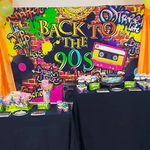 Mocsicka Back to the 90s Backdrop Retro Radio Record Player Graffiti Wall Backdrops-Mocsicka Party