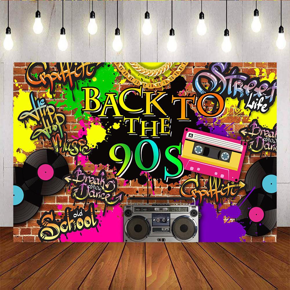 Mocsicka Back to the 90s Backdrop Retro Radio Record Player Graffiti Wall Backdrops