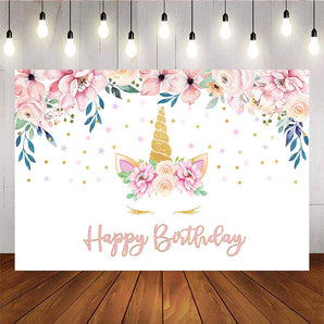 Mocsicka Golden Unicorn Kids Birthday Backdrop Flowers Little Stars Photo Banners-Mocsicka Party