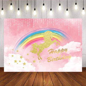 Mocsicka Golden Unicorn Happy Birthday Party Decor Glod Stars Rainbow Clouds Pink Backdrops-Mocsicka Party