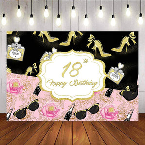 Mocsicka 18th Happy Birthday Party Backdrop Golden High Heels Perfume and lipstick Background-Mocsicka Party