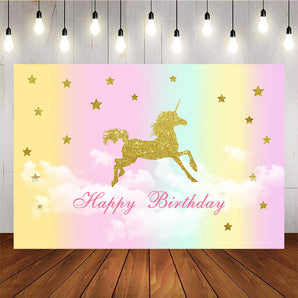 Mocsicka Golden Unicorn and Stars Sky Background Happy Birthday Party Banners-Mocsicka Party