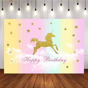 Mocsicka Golden Unicorn and Stars Sky Background Happy Birthday Party Banners-Mocsicka Party