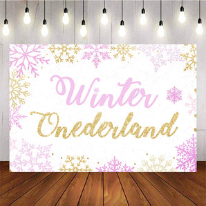 Mocsicka Winter Onederland Backdrop Pink Golden Snowflakes Baby Shower Party Decor-Mocsicka Party