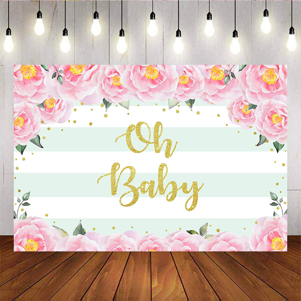 Mocsicka Oh Baby Stripes Background Spring Floral Golden Dots Baby Shower Backdrop-Mocsicka Party