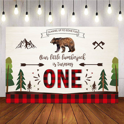 Mocsicka Our Little Lumberjack is Turning One Backdrop Red Plaid Birthday Party Decor-Mocsicka Party