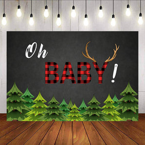 Mocsicka Red Plaid Oh Baby Backdrop Antlers and Forest Baby Shower Back Ground-Mocsicka Party