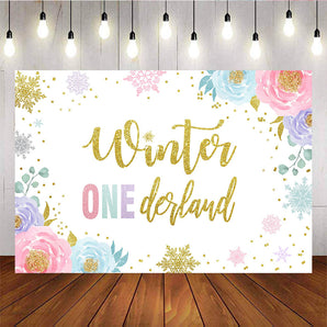 Mocsicka Winter Onederland Golden Snowflakes and Flowers Baby Shower Backdrop-Mocsicka Party