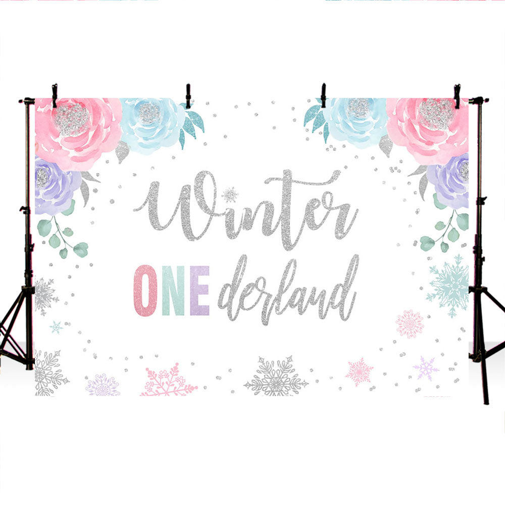 Mocsicka Winter Onederland Sliver Snowflakes and Flowers Baby Shower Backdrop