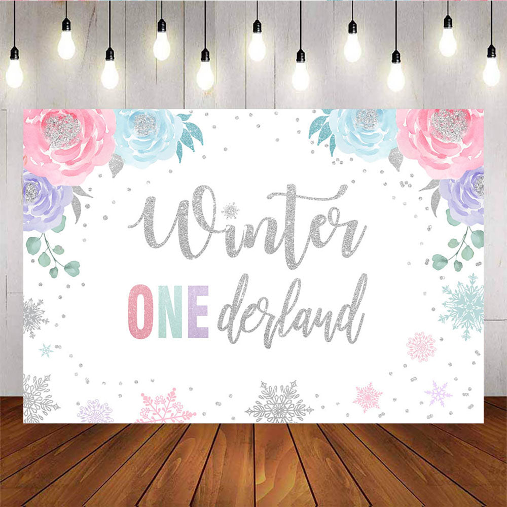 Mocsicka Winter Onederland Sliver Snowflakes and Flowers Baby Shower Backdrop-Mocsicka Party