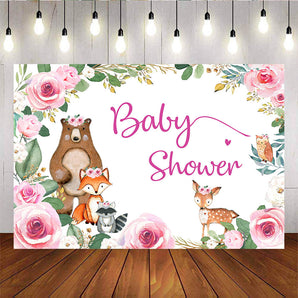 Mocsicka Woodland Little Animals Pink Flowers Baby Shower Photo Back Drop-Mocsicka Party