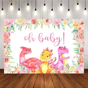 Mocsicka Oh Baby Shower Backdrop Pink Dinosaur and Flowers Photo Background-Mocsicka Party
