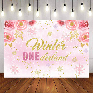 Mocsicka Winter Onederland Pink Golden snowflakes and Flowers Baby Shower Backdrop-Mocsicka Party