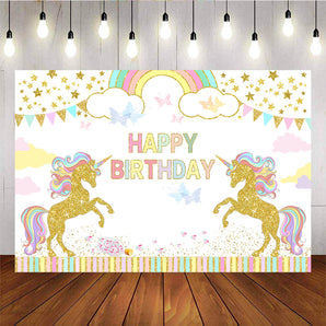 Mocsicka Golden Unicorn and Stars Birthday Backdrop Rainbow Butterfly Background-Mocsicka Party