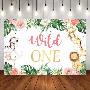 Mocsicka Little Animals Wild One Birthday Backdrop Plam Leaves and Flowers Background-Mocsicka Party