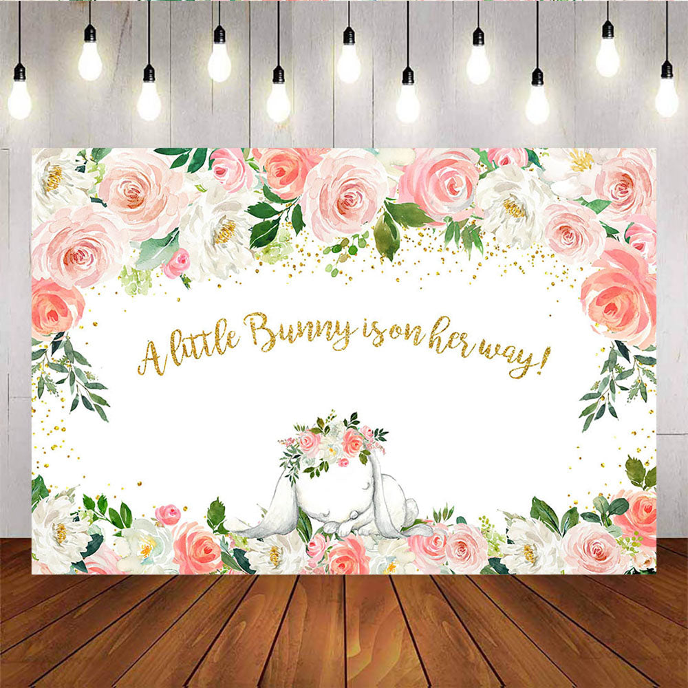 Mocsicka A Little Bunny is on Her Way Backdrop Beautiful Flowers Gloden Dots Birthday Party Decor-Mocsicka Party