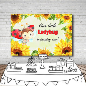 Mocsicka Little Ladybug turning One and Sunflowers Birthday Backdrop