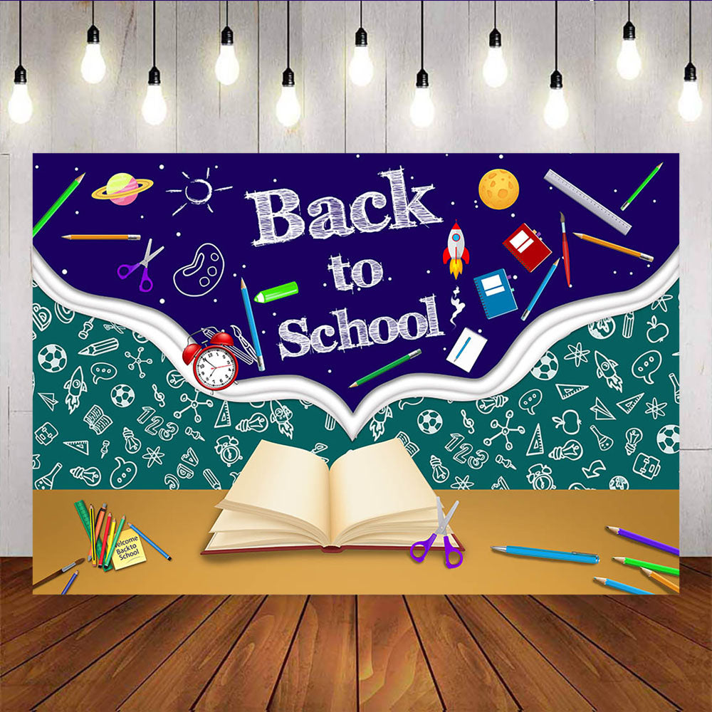 Mocsicka Back to School Party Background Greenboard Books and Pencils Photo Banners-Mocsicka Party