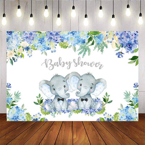 Mocsicka Twins Elephant and Blue Flowers Baby Shower Party Back Drops-Mocsicka Party