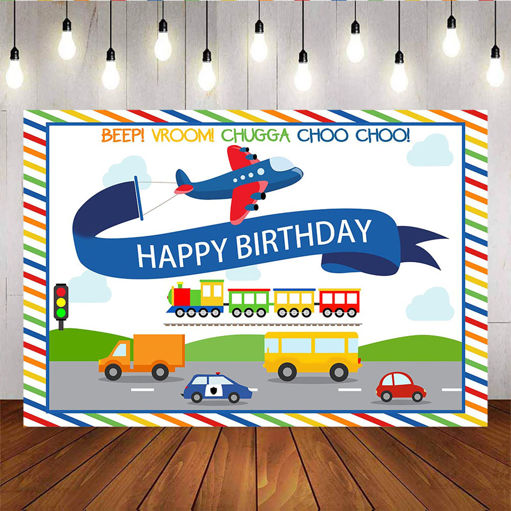 Mocsicka Traffic Theme Happy Birthday Party Supplies Cars Train and Plane Backdrops-Mocsicka Party