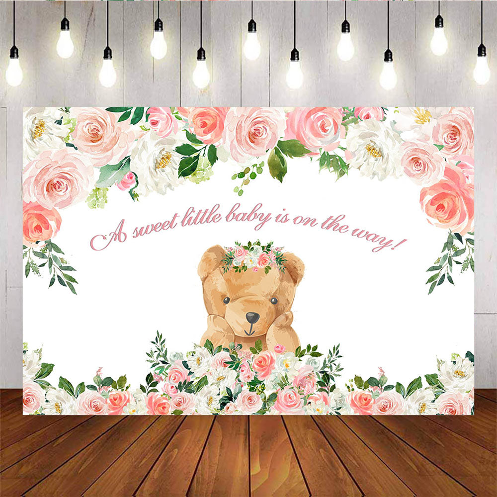 Mocsicka A Sweet Little Baby is on the Way Toy Bear and Pink Flowers Baby Shower Backdrops-Mocsicka Party