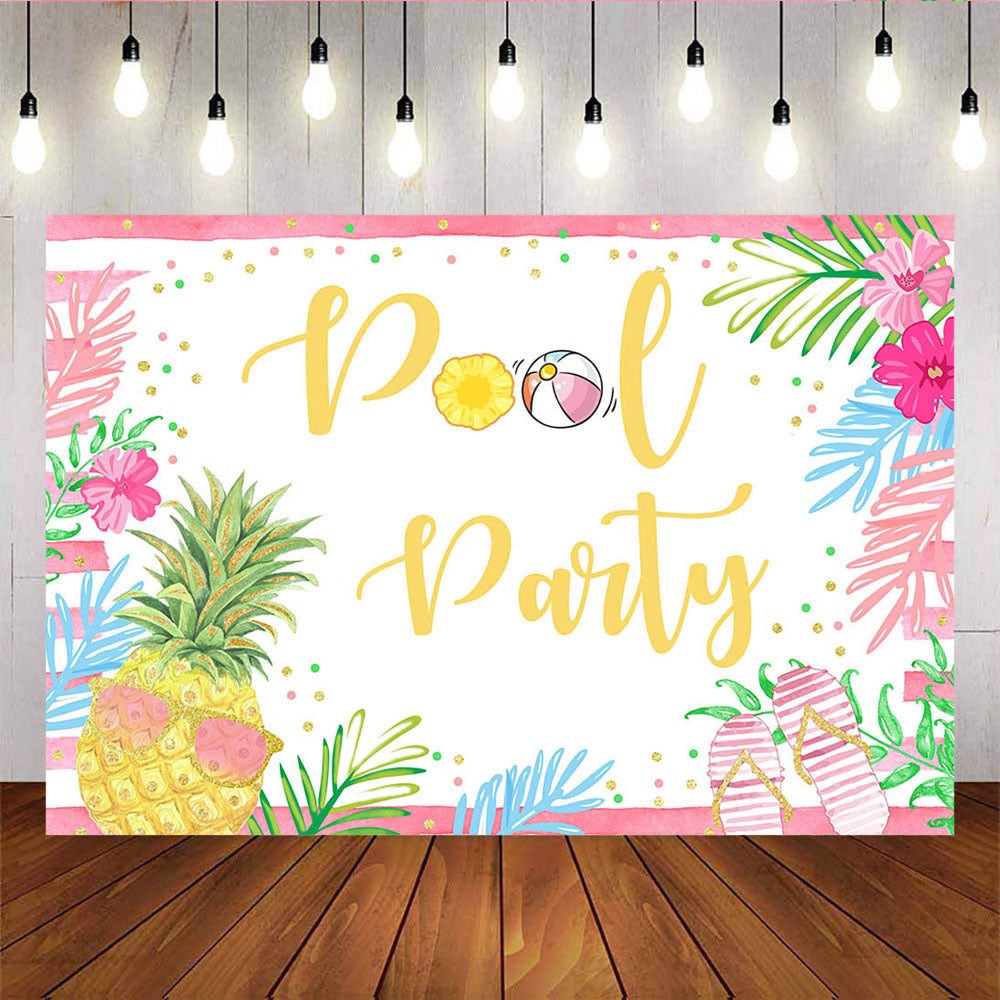 Mocsicka Pool Party Backdrops Summer Plam Leaves Gold Pineapple Background-Mocsicka Party