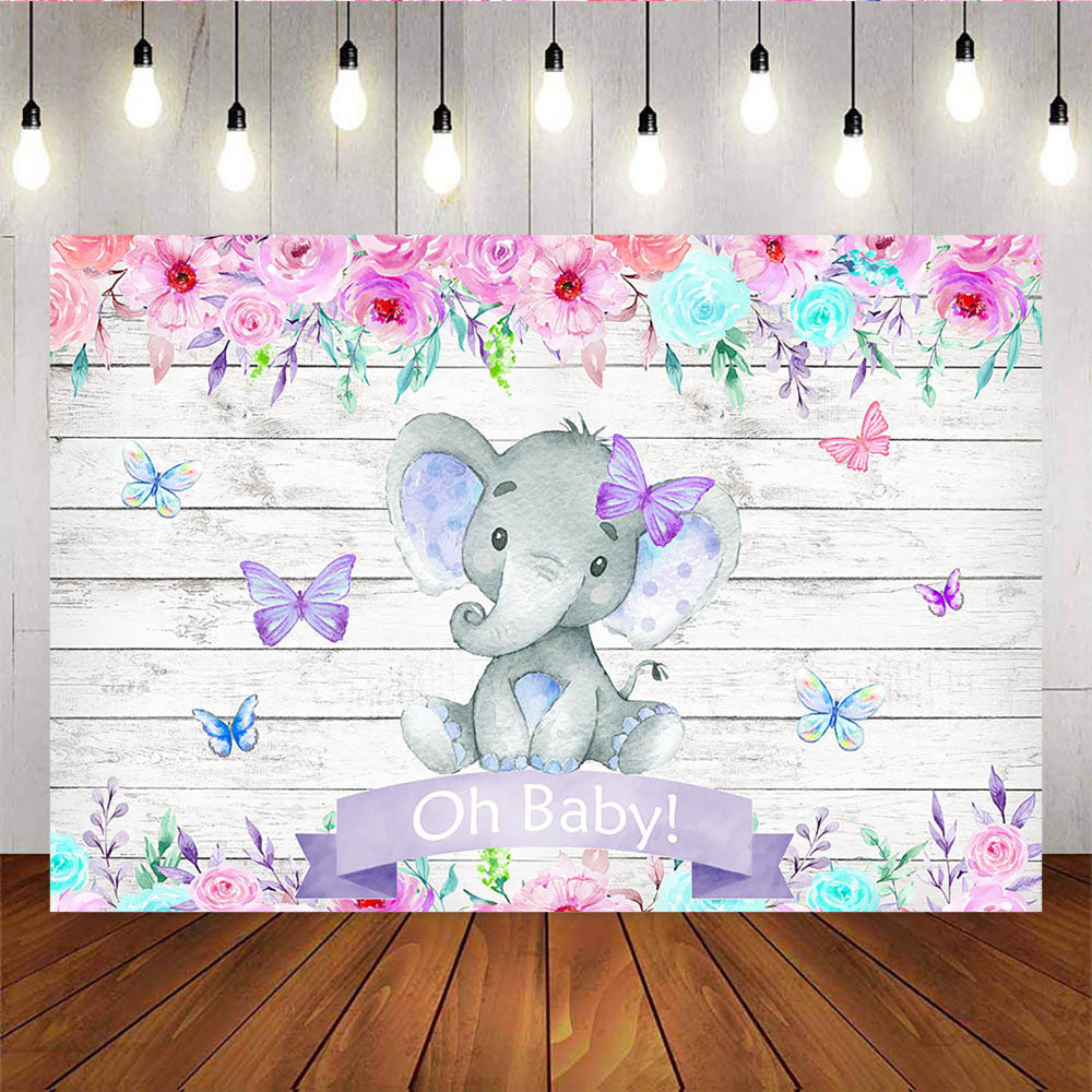 Mocsicka Oh Baby Wooden Floor Backdrop Flowers and Butterfly Baby Shower Background-Mocsicka Party