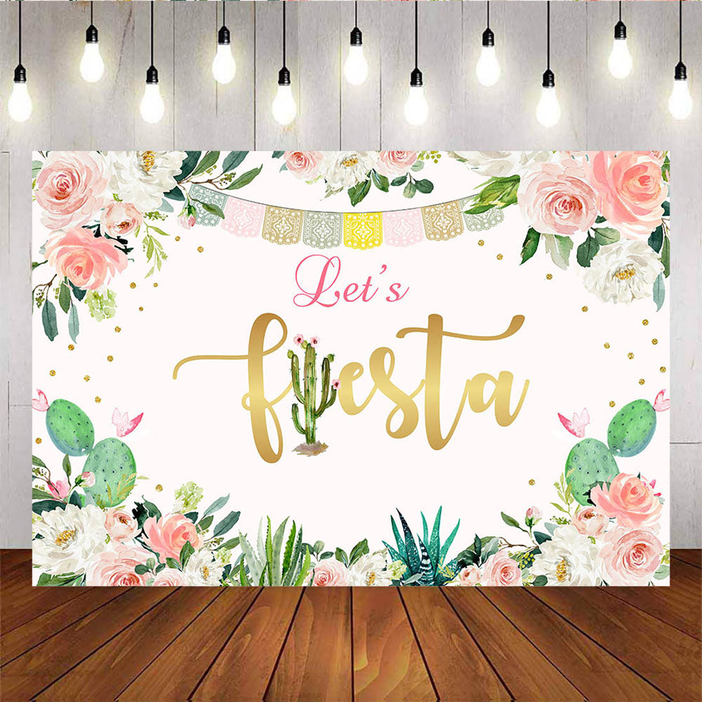 Mocsicka Let's Fiesta Birthday Backdrop Mexican Flowers and Cactus Photo Background-Mocsicka Party