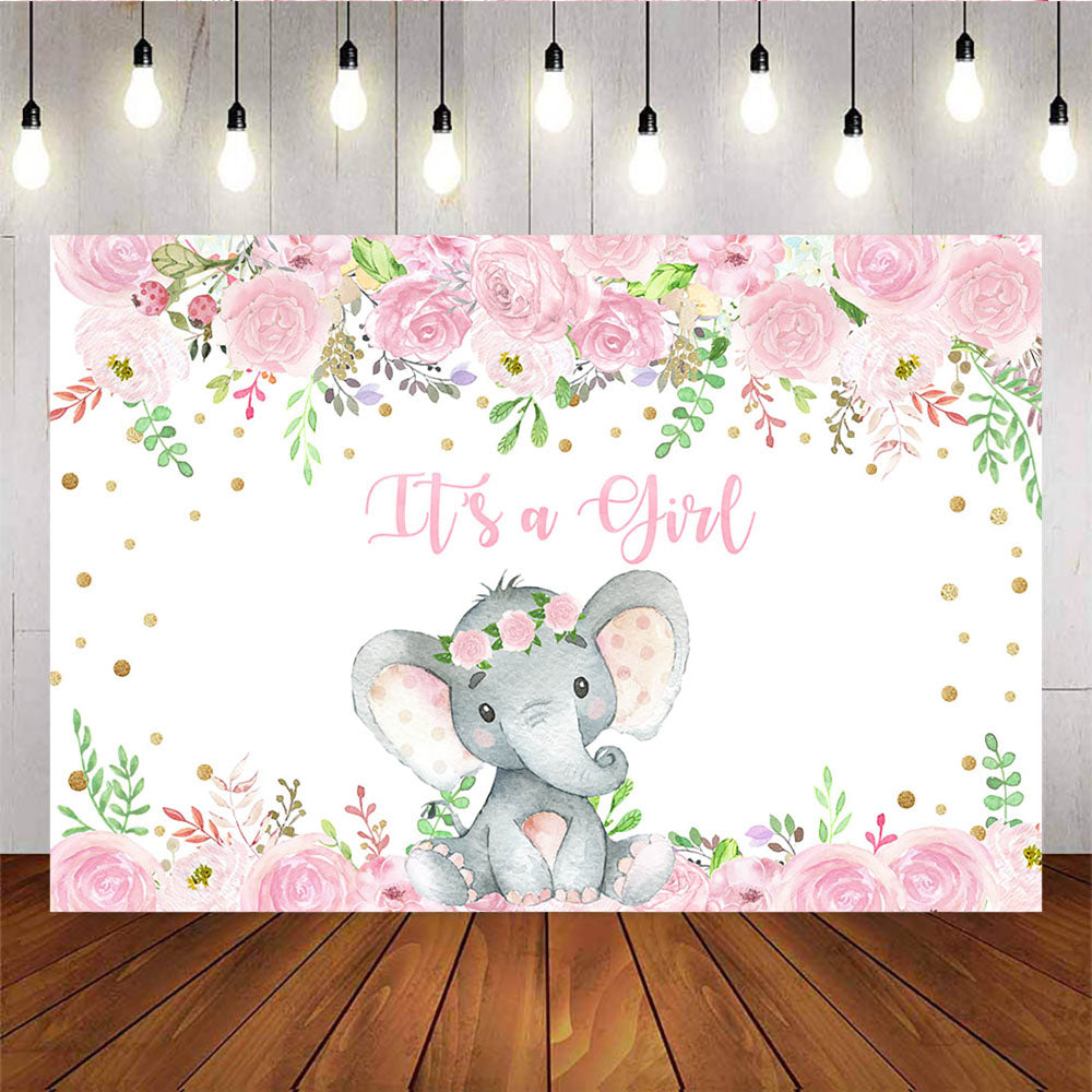 Mocsicka It's A Girl Baby Shower Background Little Elephant Flowers Photo Backdrops-Mocsicka Party
