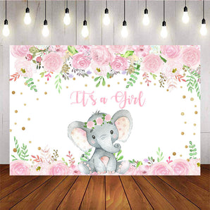 Mocsicka It's A Girl Baby Shower Background Little Elephant Flowers Photo Backdrops-Mocsicka Party