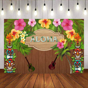 Mocsicka Aloha Theme Wooden Floor Backdrop Flowers and Guitar Birthday Party Prop-Mocsicka Party