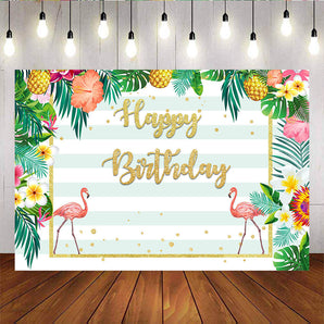 Mocsicka Pink Flamingo Hawaii Floral and Stripes Background Happy Birthday Party Prop-Mocsicka Party