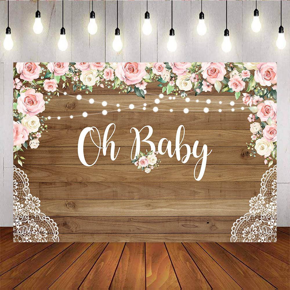 Mocsicka Oh Baby Flowers and Lace Wooden Floor Baby Shower Backdrops-Mocsicka Party