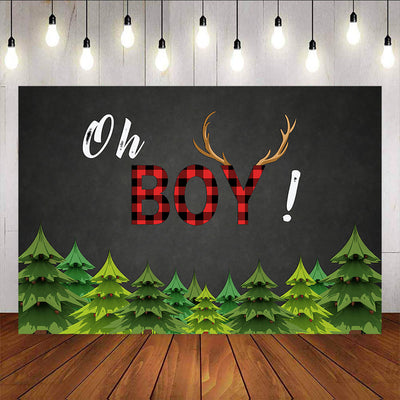 Mocsicka Red Plaid Oh Boy Birthday Backdrop Antlers Forest Photo Banners-Mocsicka Party