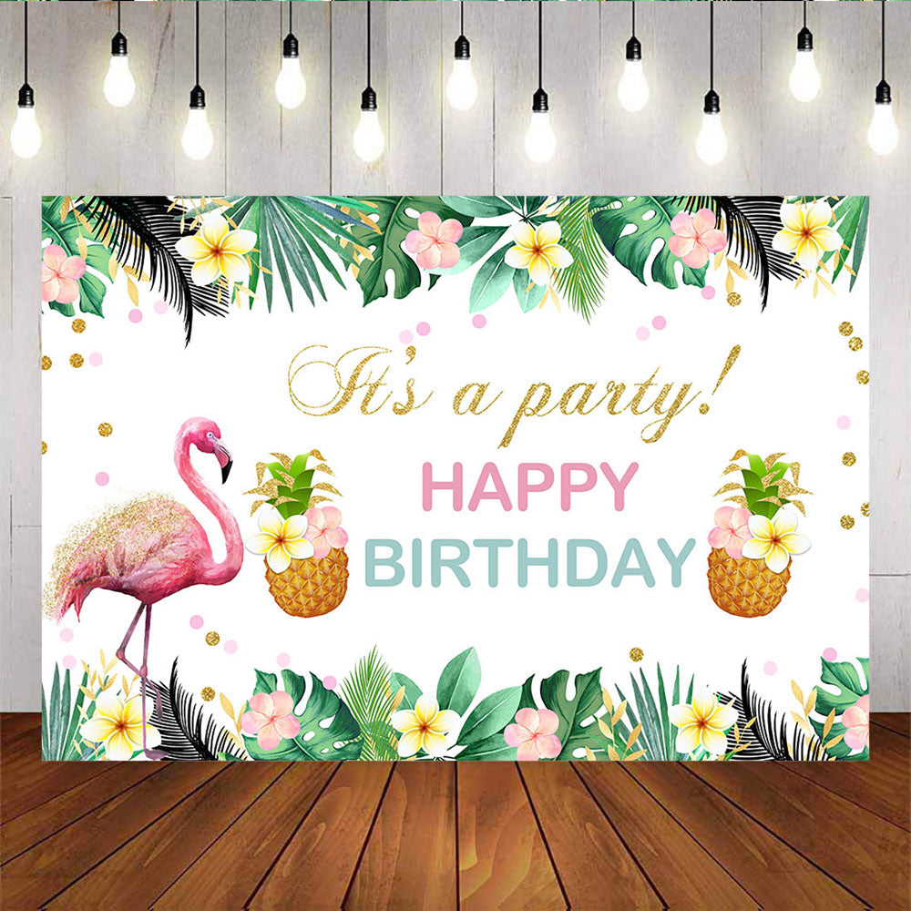 Mocsicka Pink Flamingo Pineapple and Plam Leaves Happy Birthday Background-Mocsicka Party